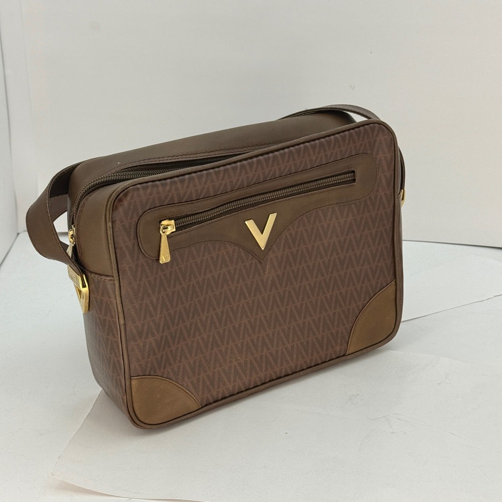 Mario Valentino Vintage Brown Monogram Crossbody Camera Bag Gold Logo Italy 2110